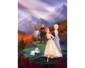 Frozen fotobehang met een lentethema, bloemen bloeien rondom Elsa en Anna, ontworpen voor een meisjeskamer.