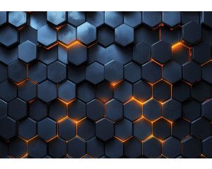 Fotobehang met een modern 3D-patroon van zwarte hexagons en gloeiende oranje lichtaccenten tussen de zeshoeken.