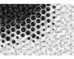 Zeshoekige patronen in zilver en metaal komen terug in dit fotobehang.