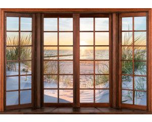 Fotobehang van een 3D-raamzicht op duinen, strand en zee, met een prachtig kustlandschap.