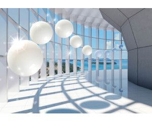 Fotobehang van een 3D-tunnel met uitzicht op zee, glinsterende ballen en abstracte vormen.