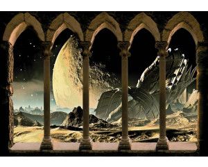 Fotobehang van een 3D uitzicht in de ruimte met zuilen en pilaren, in een futuristische stijl.