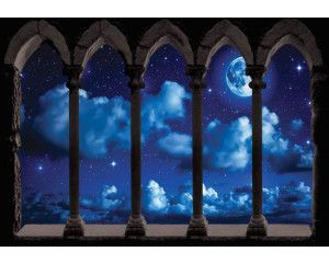 Fotobehang van een 3D uitzicht op de maan en sterren, met zuilen en pilaren.
