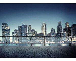 Fotobehang van het uitzicht in 3d op wolkenkrabbers in een verlichte stad.