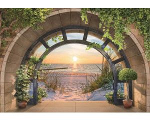 Fotobehang van een 3D uitzicht op duinen, strand en de zee bij zonsondergang.