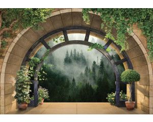 Fotobehang van een 3D uitzicht op een mistig bos, met een mysterieuze uitstraling.