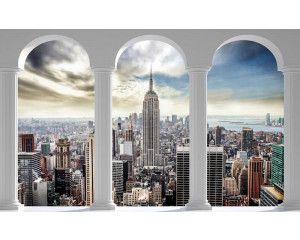 Fotobehang van een 3D uitzicht op New York stad met pilaren, inclusief het Empire State Building.