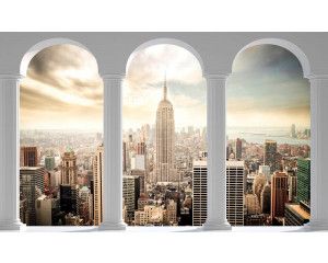 Fotobehang van een 3D uitzicht op New York stad met pilaren, voor een stedelijke sfeer.