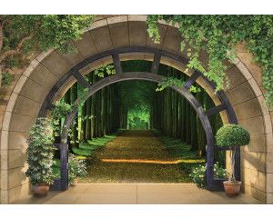 Fotobehang van een 3D uitzicht op een pad door het bos, met bomen in een rustgevende setting.