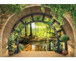 Fotobehang van een 3D uitzicht op een zonnig bos, met een warme uitstraling.