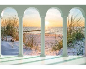 Fotobehang van een 3D-zicht op de duinen, strand en zee bij zonsondergang.