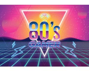 Retro 80's gaming-stijl met kleurrijke arcade-elementen en neonaccenten, perfect voor nostalgische gamers.