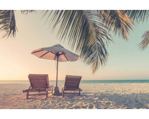 Fotobehang van een tropisch strand met ligbedden onder de palmbomen, omgeven door helderblauwe zee en witte zandstranden.