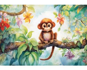 Kinderbehang van een schattig aapje dat zich in de jungle vasthoudt aan een tak, met een speelse en natuurlijke uitstraling.