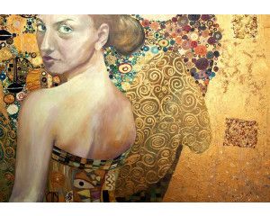 Abstract kunstwerk van een dame op een schilderij in verfstijl op fotobehang.