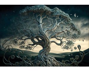 Abstracte boomkunst op een metalen achtergrond op dit fotobehang, met een artistieke en moderne uitstraling.