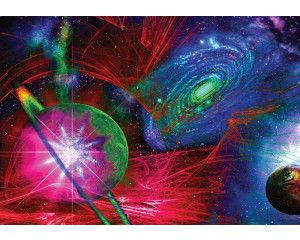 Kleurrijke abstracte weergave van het universum met planeten en sterren op dit fotobehang, vol met levendige tinten.