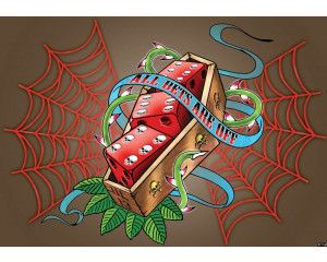 Fotobehang van dobbelstenen alchemie, met een 'all bets are off' thema, ideaal voor een donkere kamer.