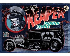 Fotobehang van een vintage taxi met schedels, rock en roll thema voor een stoere en edgy kamer.