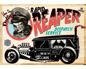 Vintage taxi en schedels, fotobehang met een rock en roll thema voor een donkere en mysterieuze sfeer.