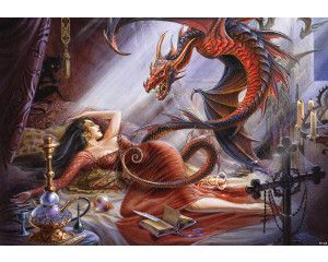 Draak en vrouw, fantasy alchemie fotobehang met mysterieuze, mythische elementen.