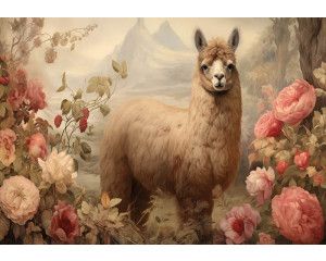 Fotobehang van een schattige alpaca tussen kleurrijke bloemen, met een natuurlijke en vrolijke uitstraling.