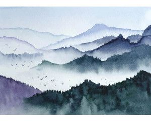 Fotobehang Aquarel Bergen in Mist