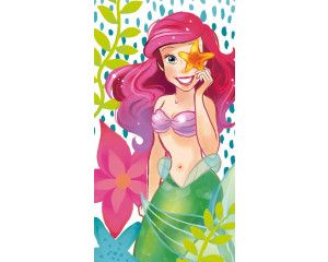 Fotobehang met Ariel als prinses van de zee, zeester-elementen en kleurrijke koraalriffen, geïnspireerd door Disney's De Kleine Zeemeermin.