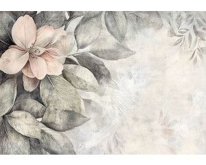 Fotobehang met een artistiek bloemmotief van grote bloemblaadjes in zachte kleuren en verfijnde lijnen.
