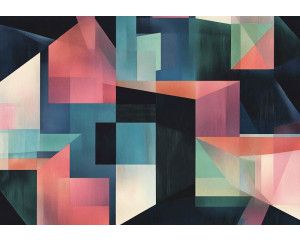 Fotobehang met artistieke geometrische vormen in zachte aardetinten en subtiele lijnen.