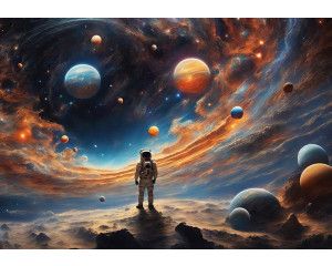 Fotobehang van een astronaut in de oneindige ruimte, omgeven door planeten en sterren.
