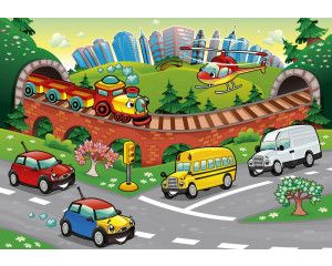 Fotobehang van kleurrijke auto's, ontworpen voor kinderen.