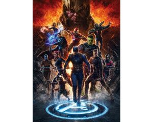Fotobehang Avengers vs Thanos uit het Marvel-universum, kleurrijke actie-scène.