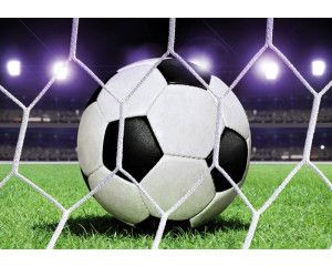 Voetbal in het doel op een stadion grasveld, prachtig fotobehang voor kinderen.