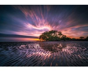 Prachtig strand met eb en nat zand, waar de golven zachtjes tegen de kust rollen, fotobehang dat rust en kalmte uitstraalt.