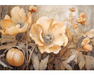 Beige bloemen staan centraal op dit fotobehang, afgebeeld tegen een rustige achtergrond.