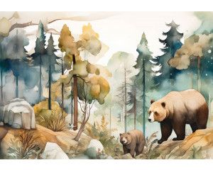 Beren die door een bos trekken, afgebeeld in een aquarelstijl op dit natuurgetrouwe fotobehang.