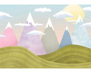 Fotobehang van besneeuwde bergtoppen, met gedetailleerde lijnen en schaduwen voor een rustieke sfeer.