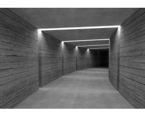 Fotobehang met een 3D-weergave van een betonnen tunnel die diepte en een futuristisch accent aan het interieur geeft.