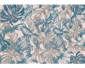 Fotobehang met bladeren in blauw en groen, een natuurlijke en rustgevende schilderstijl die natuur naar binnen brengt.