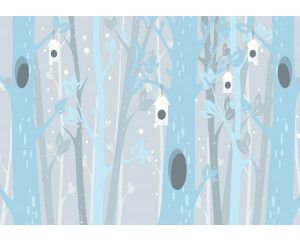 Fotobehang van blauwe bomen in een bos, geschikt voor babykamers.