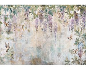 Fotobehang van blauweregen en vogels, met een kunstzinnig bloemenontwerp.