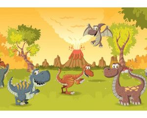 Blije dinosaurussen staan voor een vulkaan, terwijl de prehistorische omgeving in dit fotobehang tot leven komt.