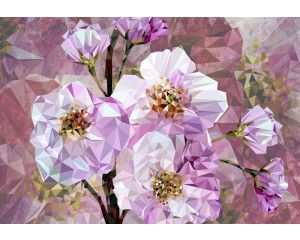 Fotobehang met bloeiende edelstenen en kristallen bloemen, weergegeven in een abstracte kunststijl.