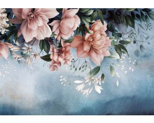 Fotobehang van bloemen en blaadjes in oud-roze, weergegeven op een betonnen achtergrond.