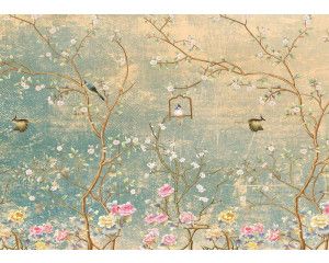 Fotobehang Bloemen en Vogels op Grunge Muur