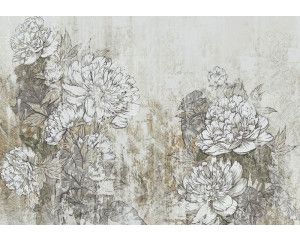 Fotobehang met een artistieke schildering van bloemen verwerkt in een betonnen ondergrond, gecombineerd met kunstzinnige details.