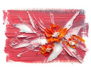 Bloemen en verf op doek afgebeeld in abstract kunstwerk op fotobehang.