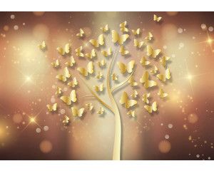 Fotobehang met een sprankelende boom vol vlinders, weergegeven in een gouden en abstracte stijl.