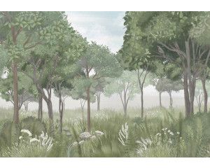 Fotobehang van een bosavontuur voor kinderen, met een speelse en fantasierijke omgeving.